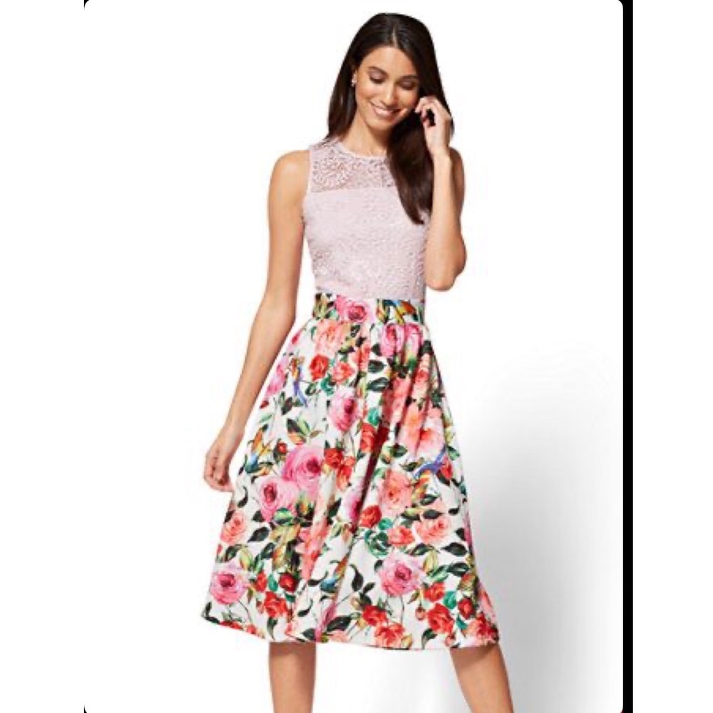 New York & Company Floral Lace Midi Dress Womens S Pink Tropical Bird Sleeveless